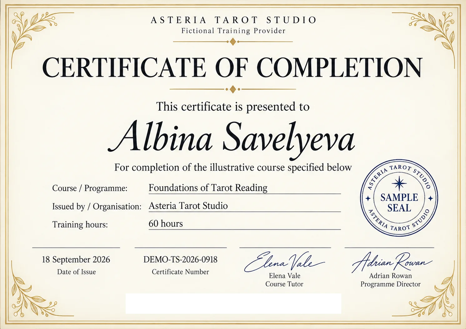 Сертификат об окончании курса Foundations of Tarot Reading — Albina Savelyeva Asteria Tarot Studio